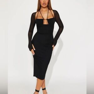 Katie Mesh Long Sleeve Midi Dress - Black